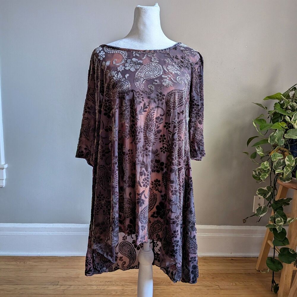 Vintage Y2K Surrealist Velvet Burnout Tunic Top Brown Paisley Whimsygoth